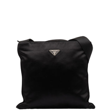 PRADA Triangle Plate Tessuto Shoulder Bag Black Nylon Women's