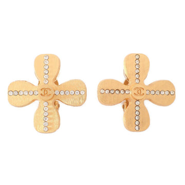 CHANEL 01C Rhinestone Clover Earrings Gold Women's