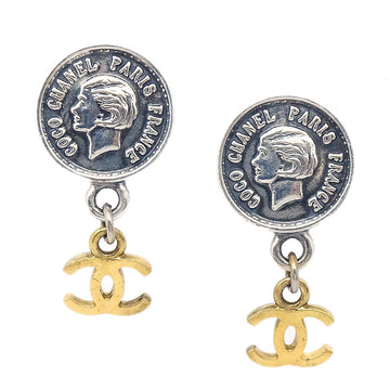 CHANEL Medallion Dangle Earrings Gold Silver Clip-On 96P 28765