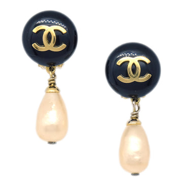 CHANEL Artificial Pearl Dangle Earrings Clip-On Gold 94A 112517