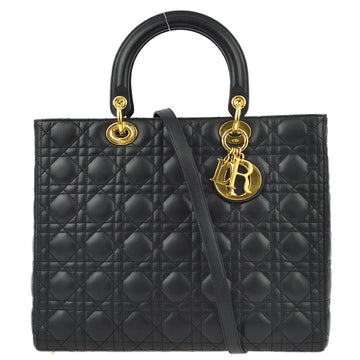 CHRISTIAN DIOR 2000 Black Lambskin Lady Dior Cannage 2way Shoulder Handbag 123061