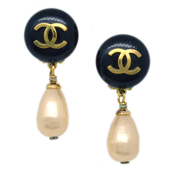 CHANEL Artificial Pearl Dangle Earrings Clip-On Gold 94P KK90833