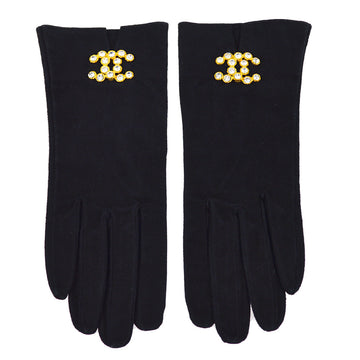 CHANEL Black Velvet Rhinestone Gloves #7 Small Good 123417