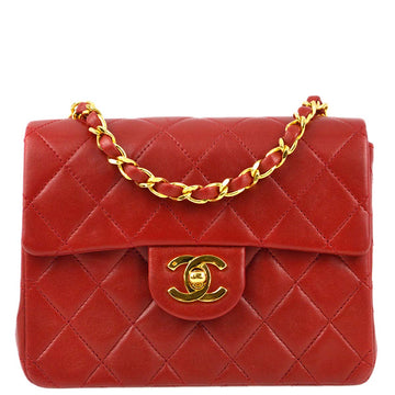 CHANEL Red Lambskin Mini Classic Square Flap Shoulder Bag 17 161663