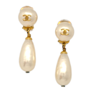 CHANEL Artificial Pearl Dangle Earrings Clip-On Gold 96A 161714