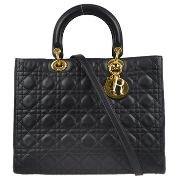 CHRISTIAN DIOR Black Lambskin Lady Dior Cannage 2way Shoulder Handbag 181744