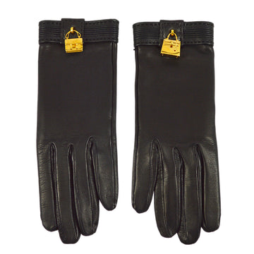 HERMES Black Leather Kelly Jige Gloves #6 1/2 Small Good 182274