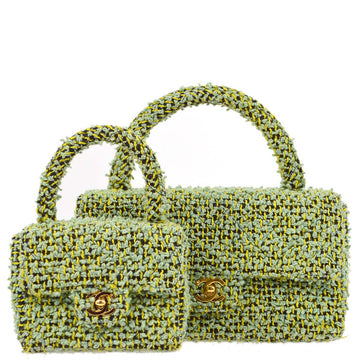 CHANEL Green Tweed Classic Single Flap 2 in 1 Handbag Set 191397
