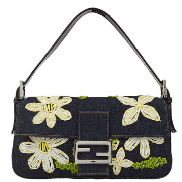 FENDI Blue Denim Floral Embroidered Baguette Handbag 161965