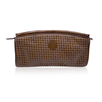 FENDI Vintage Beige Tan Woven Leather Clutch Handbag Bag