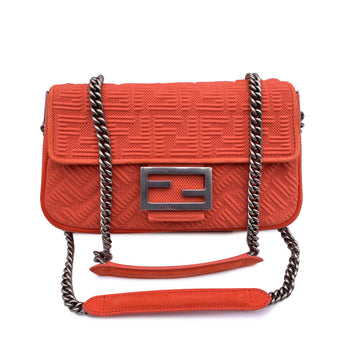 FENDI Orange Embossed Ff Logo Baguette Chain Crossbody Bag