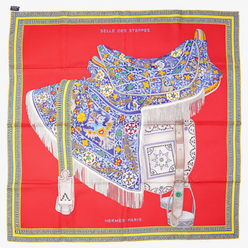 Hermes Womens Selle Des Steppes Silk Scarf Red / Blue
