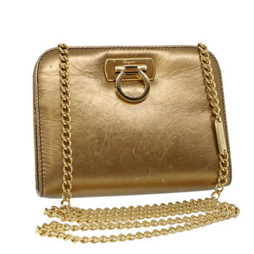 SALVATORE FERRAGAMO Gancini Chain Shoulder Bag Leather Gold Auth 53278
