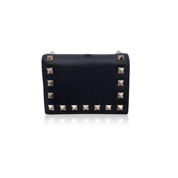 VALENTINO Black Leather Rockstud Compact French Flap Wallet