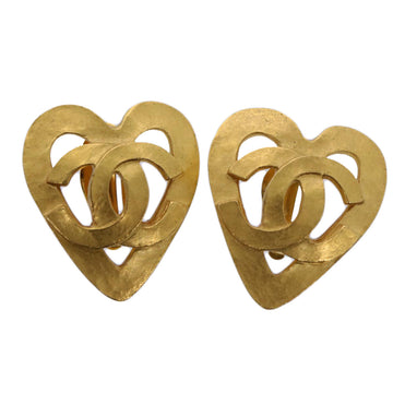 CHANEL heart Earring Gold Tone CC Auth 60077A