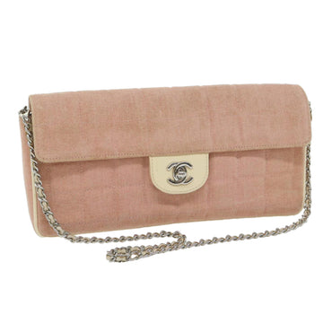 CHANEL Chain Choco Bar line Shoulder Bag Canvas Pink CC Auth 60748A