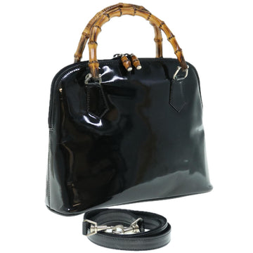 GUCCI Bamboo Hand Bag Patent leather 2way Black 000 3780 0290 Auth 64062