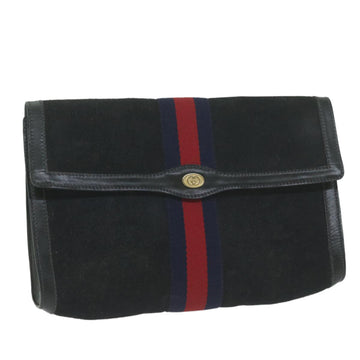 GUCCI Sherry Line Clutch Bag Suede Black Red Navy 37 014 3088 Auth 65806