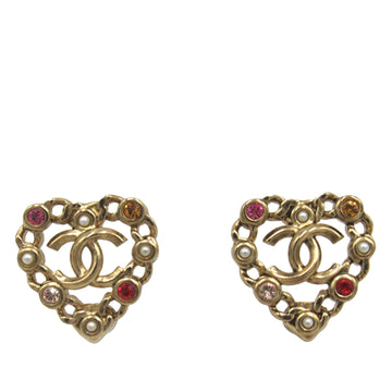 CHANEL Pearl Crystal CC Heart Earrings Costume Earrings