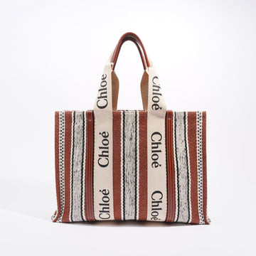 Chloe Womens Woody Stripe Tote Bag Beige Brown Medium