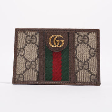 Gucci Womens Web Card Holder Brown Canvas / Leather