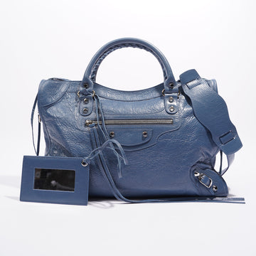 Balenciaga Womens Classic City Bag Blue Leather Small