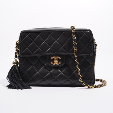 Chanel Womens Lambskin Evening Square Tassel Bag Black / Gold