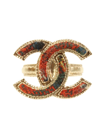 CHANEL 2013 Made Tweed Cc Mark Ring Gold/Red