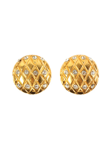 CHANEL Rhinestone Round Matelasse Stitch Earrings Gold