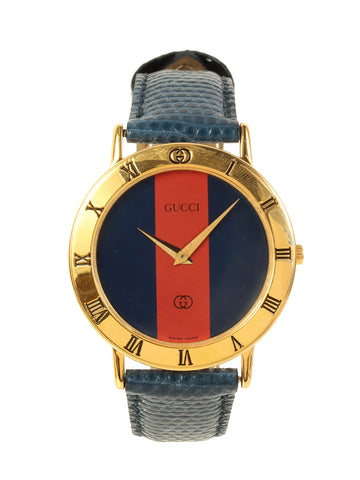 GUCCI Boys Round Face Web Detailed Watch Gold/Blue