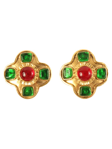 CHANEL 1994 Made Gripoix Stone Earrings Gold/Green/Red