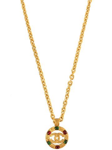 CHANEL 1994 Made Gripoix Round Cutout Cc Mark Necklace Gold/Green/Red