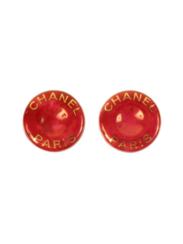 CHANEL 1997 Made Round Logo Earrings Red