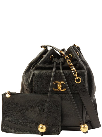 CHANEL Caviar Skin Turn-Lock Shoulder Bag With Pouch Black