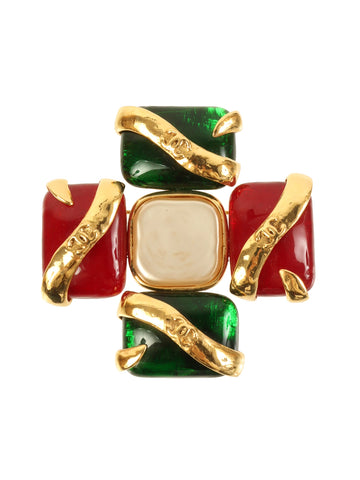 CHANEL 1994 Made Cross Motif Gripoix Pearl Cc Mark Brooch Green/Red/White