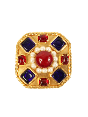 CHANEL 1990 Made Gripoix Pearl Octagon Motif Brooch Gold/Multi