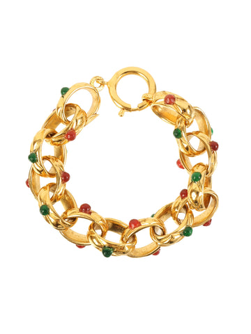 CHANEL Gripoix Chain Bracelet Gold/Green/Red