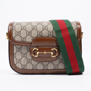 Gucci 1995 Horsebit With 2 Straps Beige And Ebony GG Supreme / Brown Leather Coated Canvas Mini