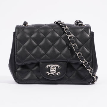 Chanel Square Classic Single Flap Bag Black Lambskin Leather Mini