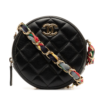 CHANEL Quilted Lambskin Ribbon Round Clutch With Chain Crossbody Bag