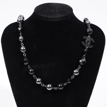 Chanel Long Faux Pearl & Resin CC Bead Necklace Black / Dark Silver Resin