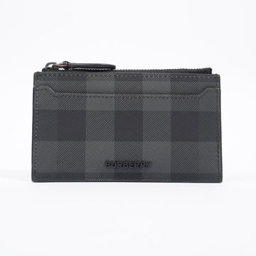 Burberry Check Zip Card Case Charcoal Calfskin Leather