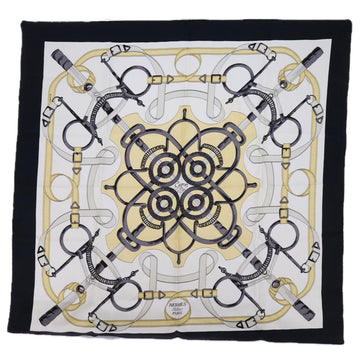 HERMES Carre 90 Eperon d�fOr Scarf Silk Black White Auth am5304