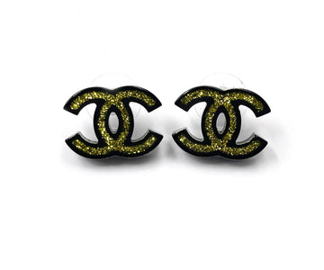 CHANEL Black Resin CC Gold Glitter Piercing Earrings
