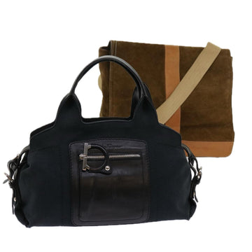 SALVATORE FERRAGAMO Shoulder Bag Suede Canvas 2Set Brown Black Auth bs11148