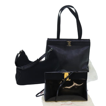 SALVATORE FERRAGAMO Shoulder Bag Leather 3Set Black Auth bs13500