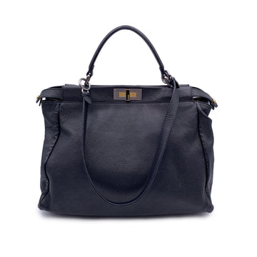 FENDI Black Leather Large Peekaboo Tote Top Handle Shoulder Bag