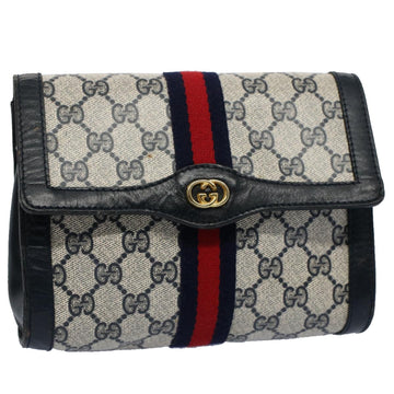 GUCCI GG Canvas Sherry Line Clutch Bag PVC Leather Gray Red Navy Auth ep1790