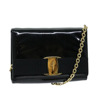 SALVATORE FERRAGAMO Chain Shoulder Bag Patent leather Black Auth ep3748