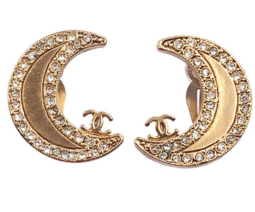 CHANEL Gold CC Moon Crystal Clip on Earrings